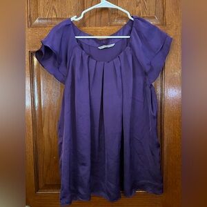Signature By Larry Levine 2X Purple Pullover Pleated Neckline Flutter Sleeves